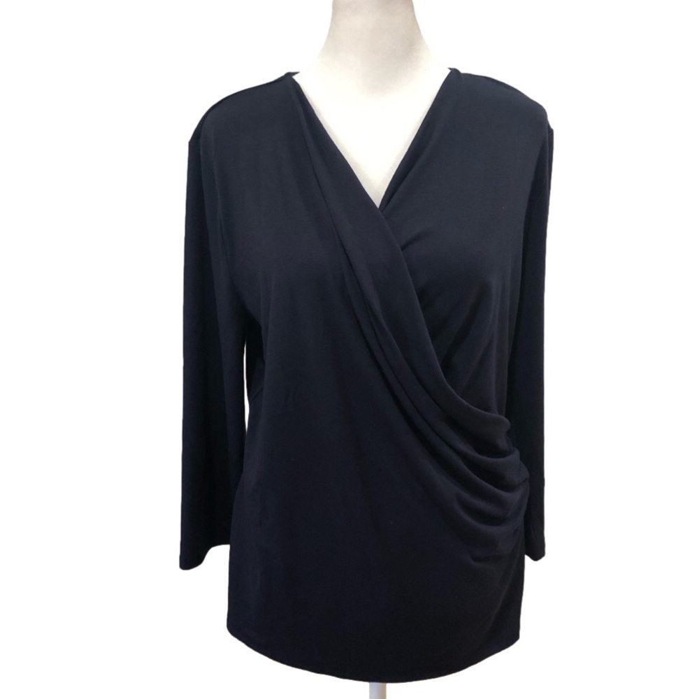 Ann Taylor Size L surplice front long sleeve dark blue top. Capsule wardrobe